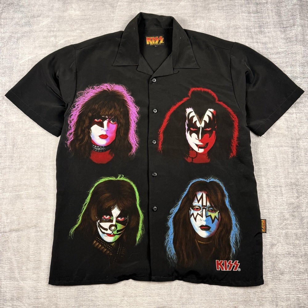 Vtg Kiss Shirt Men's Large Black Button Up Y2K‎ 2001 Faces Aop Band Loop collar